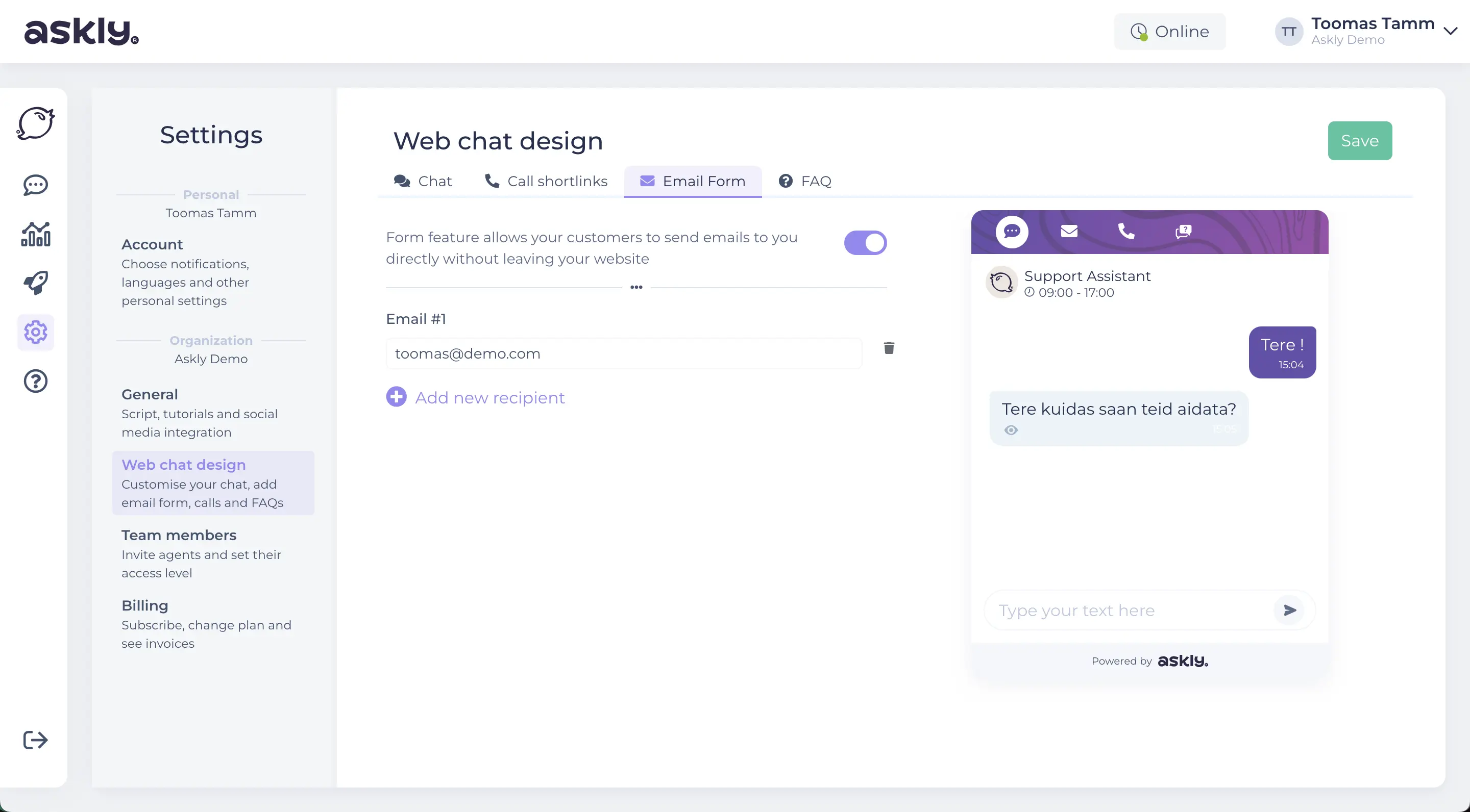 Chat contact form
